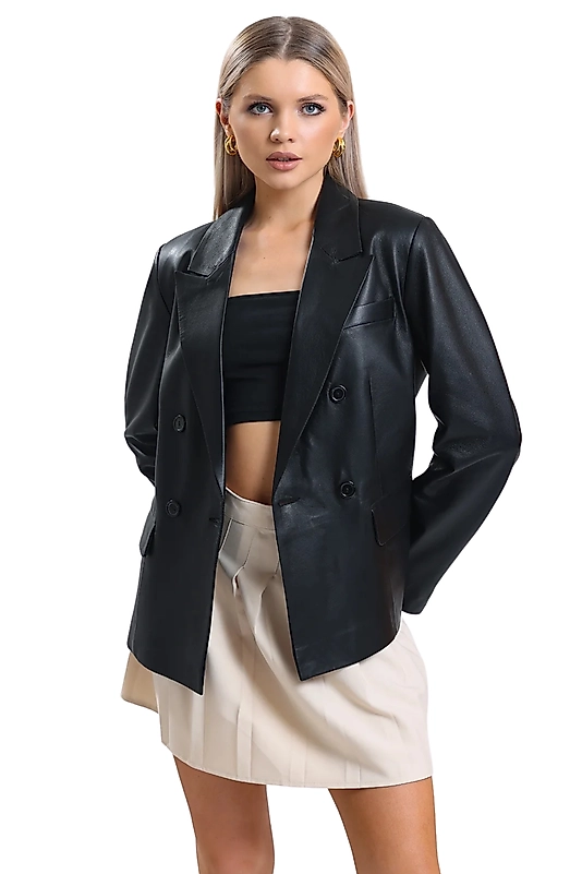 Gloria Hakiki Deri Kadın Siyah Blazer Ceket