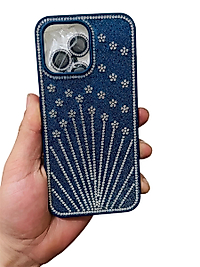 İPhone 15 Pro Max Taşlı Desenli Lens Hediyeli Telefon Kılıfı Mavi