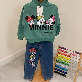 Minnie Mouse Kapşonlu Sweat ve Kot Pantolon Takım