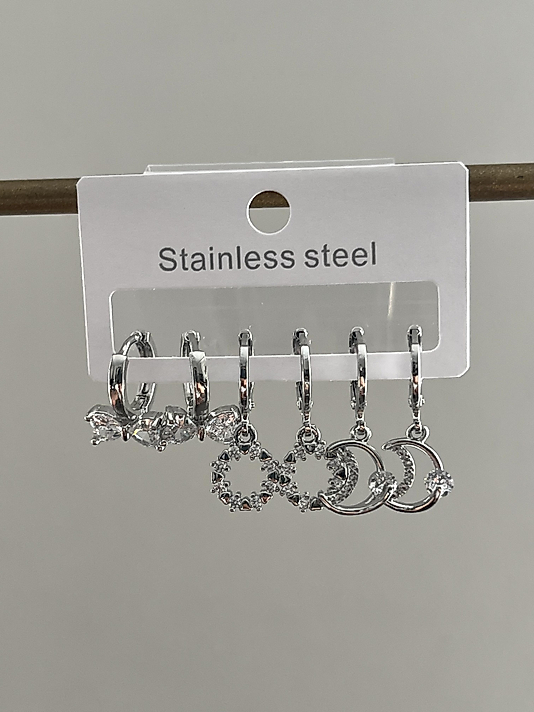 Çelik 6’lı Silver Taşlı Ay Küpe