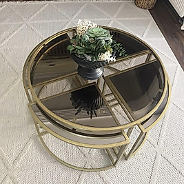 MAT GOLD YUVARLAK 4+1 PİZZA ORTA SEHPA ÜST BRONZ CAM ALT BRONZ AYNA