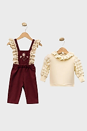 Kız Bebek Bordo Askılı Nakışlı Salopet Takım 6-18 Ay