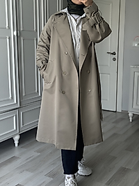 Çağla Yeşili Tokalı Oversize Pamuklu Trençkot