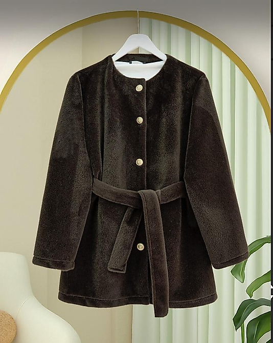 Dügmeli Beli Baglamali Kürklü Ceket Kahve Renk