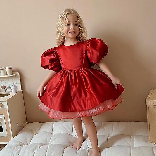 Kısa Kollu Kabarık Balerin Kız Çocuk Elbisesi Kırmızı