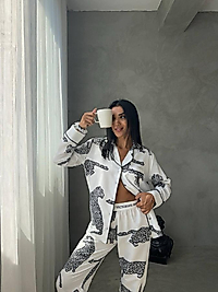 Beyaz Leopar Desenli Pamuklu Kadın Pijama Takımı