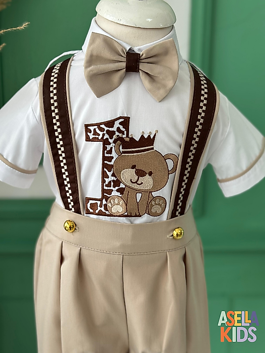 Erkek Çocuk Bej/Kahverengi Ayıcık 1 Nakışlı Salopet Takım