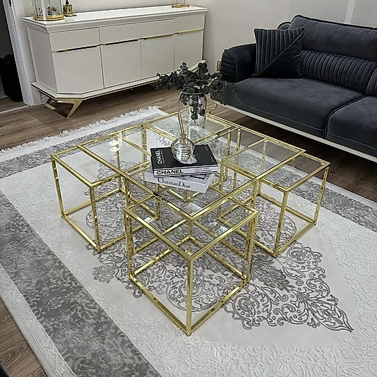 PARLAK GOLD KARE 4+1 PİZZA ORTA SEHPA KOMPLE ŞEFAF CAM