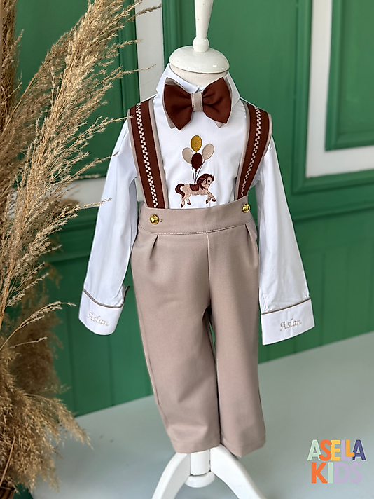 Erkek Çocuk Bej Salopet Takım - Balonlu At Nakışlı