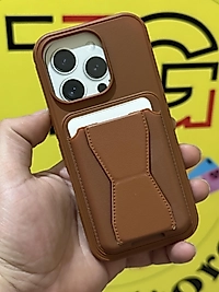 İphone 16 Pro Kartlıklı Standlı Kahverengi Deri Telefon Kılıfı