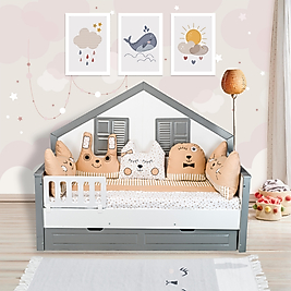 Tugu Home&baby Figürlü Pamuklu 7 Parça 90X190 cm Montessori Yatak,tek Kişilik Montessori Uyku Seti