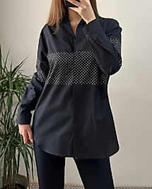 Siyah Önü Taşlı Poplin Gömlek