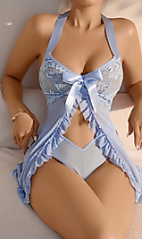 Kadın Bebe mavisi Fantezi Gecelik Tül Göğüs Fiyonk detaylı Dekolteli Önden Fırfırlı 2116