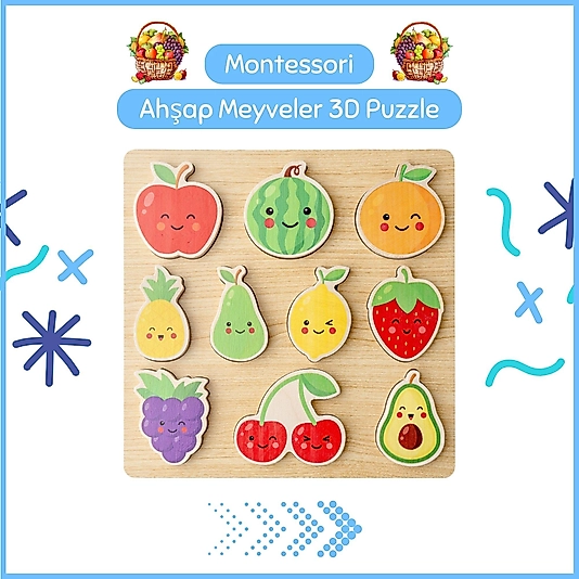 Montessori Ahşap Meyve Şekilli 3D Puzzle