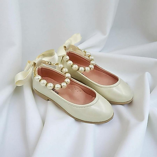 Kız Çocuk İnci Detaylı Bilekten Bağlamalı Babet