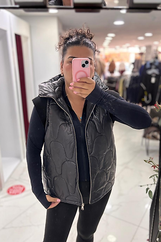 Kapüşonlu Parlak Siyah Kapitone Yelek