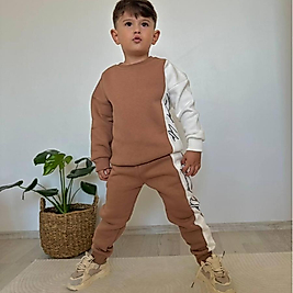 Kahverengi beyaz detaylı şardonlu üç iplik takım