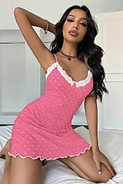 Kadın Fuşya Beyaz Kalp Desenli Askılı Dantel Detaylı Elbise 5069