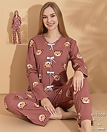 Ayıcık Desenli Fiyonk Detaylı Pijama Takımı 7008