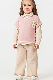 2-5 Yaş Kız Çocuk Gömlek Yaka Triko Süveter & Pantolon 3’lü Takım