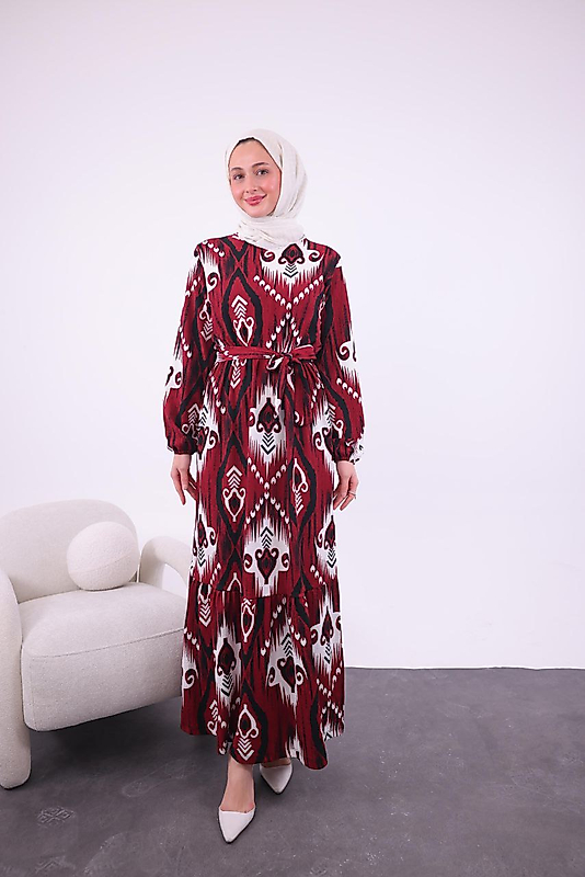 Desenli Bürümcük Elbise - Bordo