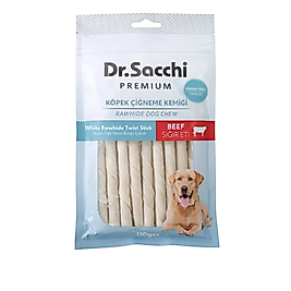 Dr.Sacchi Premium Sığır Etli Beyaz Sığır Derisi Burgu Çubuk Tahılsız Köpek Ödülü 5'' 15'li 110 Gr