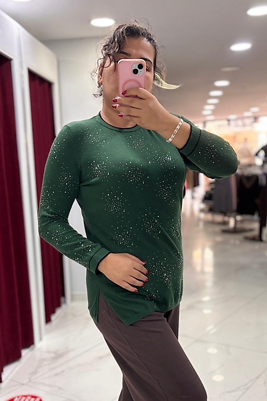 Egomoda Premium Angora Taşlı Kazak – Yeşil