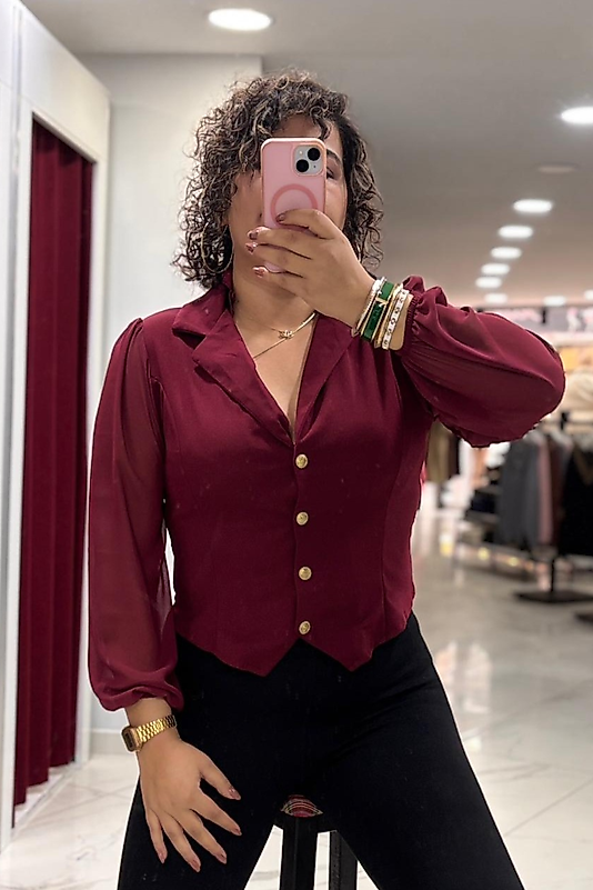 Şifon Kol Detaylı Kruvaze Gömlek -Bordo