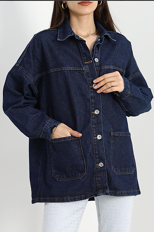 Cep Detaylı Kot Ceket Koyu Mavi