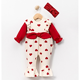 Kız Bebek Bandanalı 0-12 Ay Kalpli Tulum