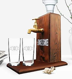 Kişiye Özel İkili Rakı Bardağı ve Musluklu Doğal Ahşap Rakı Standı - Ceviz