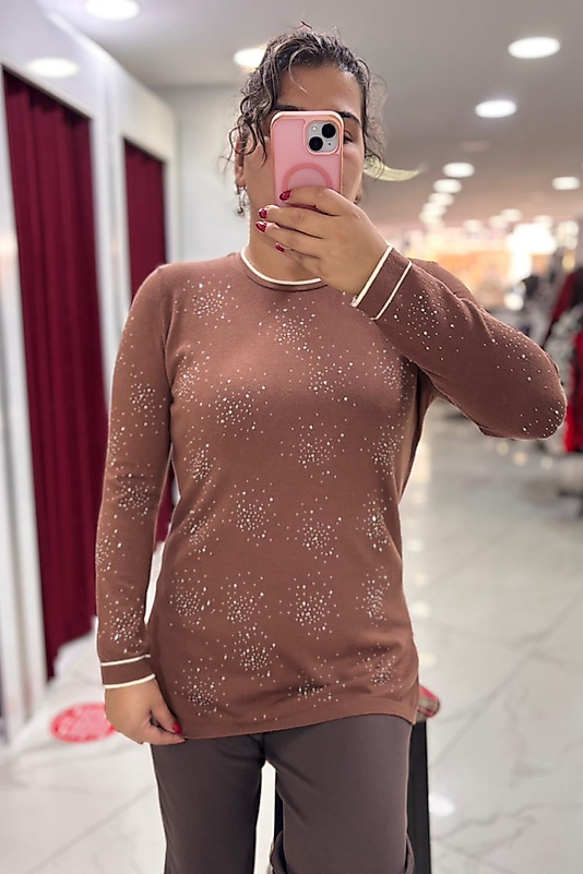 Egomoda Premium Angora Taşlı Kazak -Kahve