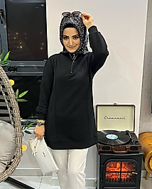 fermuar yakalı fitilli örme kumaş tunik