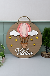 Pembe Sıcak Hava Balonu Ahşap Bebek Kapı Süsü