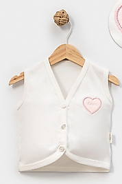 6-24 Ay Kalp Nakışlı Bebek Yelek | Ekru Düğmeli Hırka
