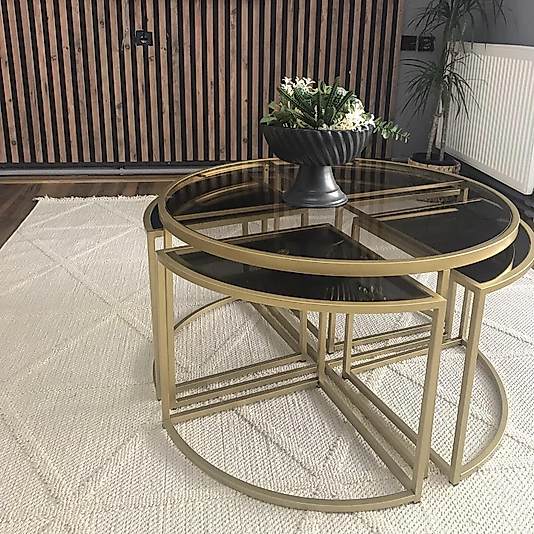 MAT GOLD YUVARLAK 4+1 PİZZA ORTA SEHPA ÜST BRONZ CAM ALT BRONZ AYNA