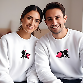 Puzzle Birleşen Kalp görselli kombin Bisiklet Yaka Erkek kadın Slimfit Sweatshirt