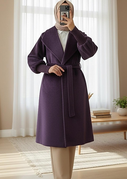 Kolu Ribanalı Şal Yaka AstarliKaşe Kaban Mürdüm