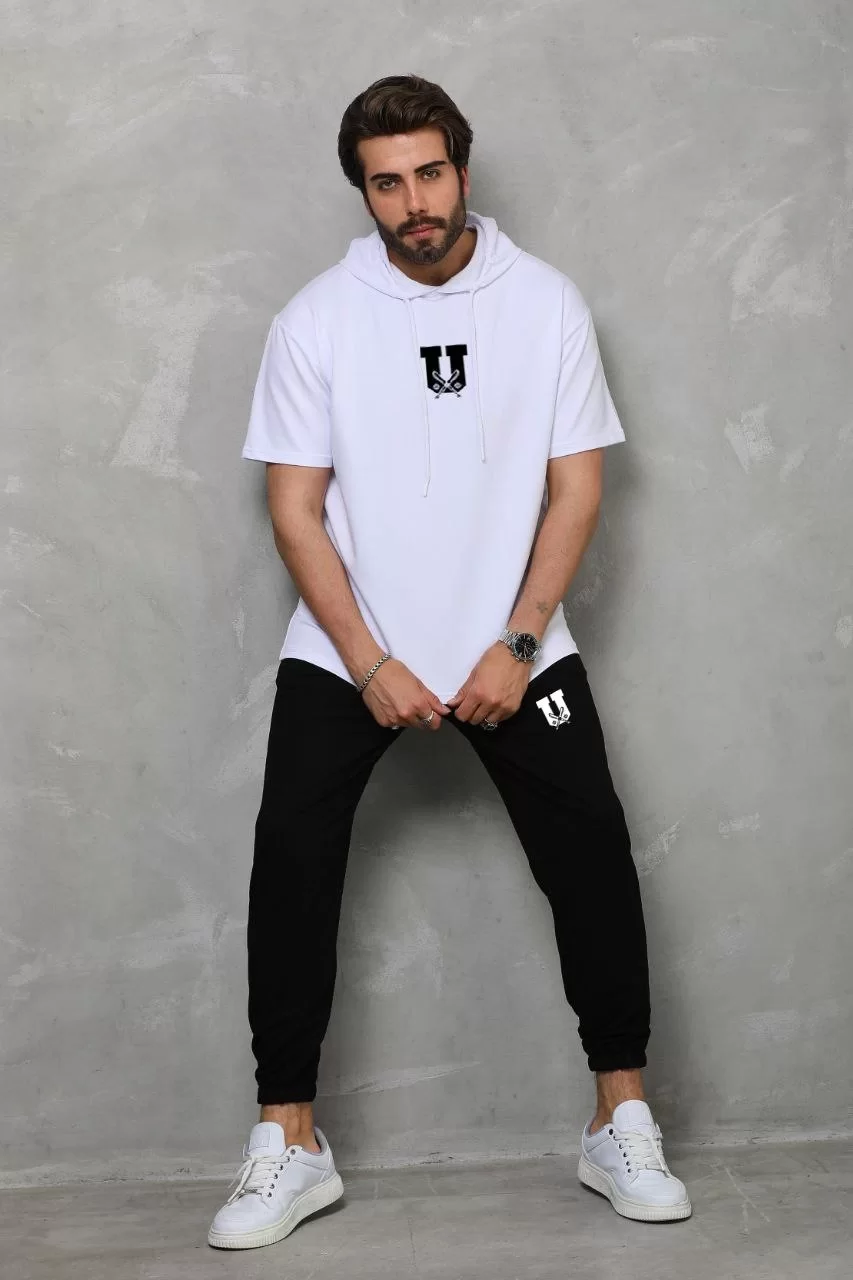 Unisex Kapşonlu Oversize T-Shirt Takım - Beyaz