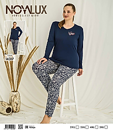 Büyük Beden Lacivert Kalp Baskılı Üst & Beyaz Soyut Desenli Alt Kadın Pijama Takımı -Noya 14317