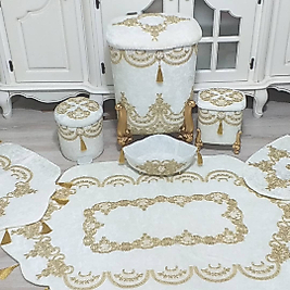 Krem Rengi Gold Detaylı Çamaşır Sepeti Takımı Ve Paspas Takımı