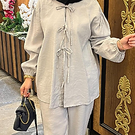 Bağcık detaylı tensel takım(açık gri)