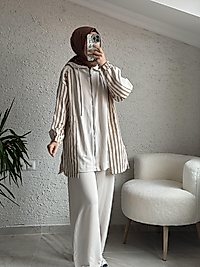 8259 CİZGİLİ OYSHO TAKIM BEJ