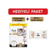 Pure Baby Organik Pamuklu Cırtlı Bez 6 Numara Xlarge 60 Adet + Organik Pamuklu Islak Havlu 90 Yaprak Pure Baby