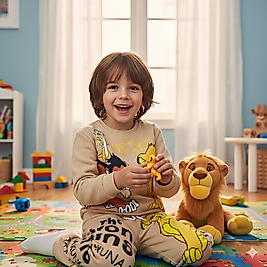 3 - 10 Yaş Arası Aslan Kral Desenli Üçiplik Şardonlu Oversize Kesim Erkek Çocuk Takımları