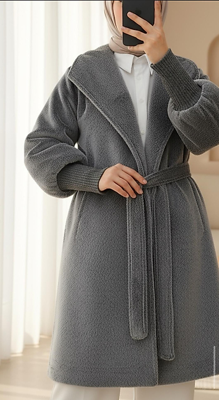 Kolu Ribanalı Şal Yaka Astarlı kaşe Kaban Füme Renk