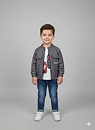 mavi kot pantolonlu gri ceketli üçlü takım