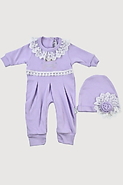 Lila Dantelli Yaka Kız Bebek Tulum Takım + Şapka 0-12 Ay