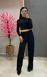 Siyah Crop Bluz ve Pantolonlu Takım