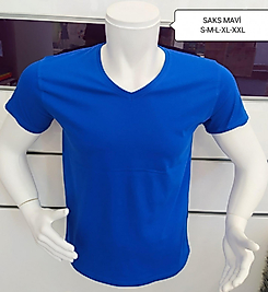 V YAKA SAX MAVİ PAMUK PENYE T-SHIRT